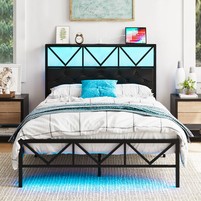 Full Size Bed Frame with LED Light and Charging Station, Black Upholstered Headboard with Shelf, Under Bed Storage, No Box Spring Needed, Noise Free, Easy Assembly, Black