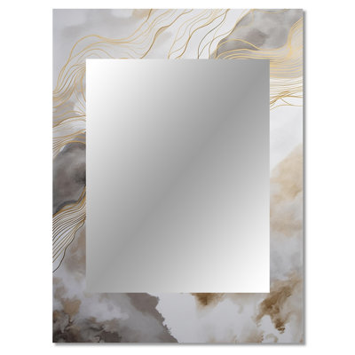 Gold And Grey Abstracted Line Artistry V - Line Art Decorative Wall Mirror, Gold Mirror, Printed Metal Art