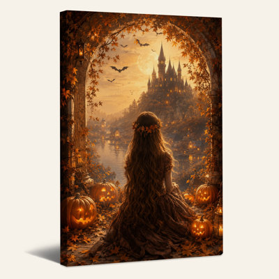 Art mural sur toile, "Girl look at Fantasy Castle with Pumpkins"