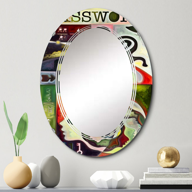 Formes abstraites en vert rouge et noir - Miroir mural transitionnel ovale, 30 po x 20 po