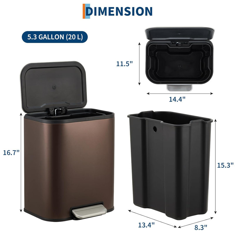 Poubelle de cuisine de 8 gallons (30 L), poubelle en acier inoxydable avec poubelle intérieure, poubelle avec couvercle à fermeture en douceur, poubelle rectangulaire pour salle de bain, cuisine, salon, noir