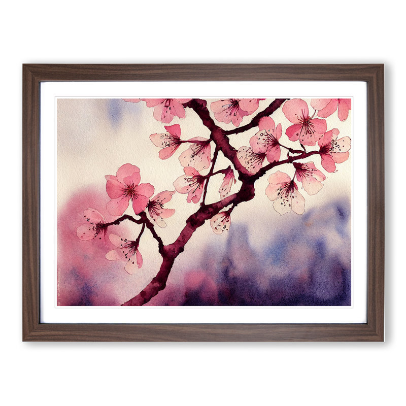 Cherry Blossom Flower Watercolour Vol.3 1 Piece Single Picture Frame Painting, 46cm H x 64cm W x 2cm D, Walnut