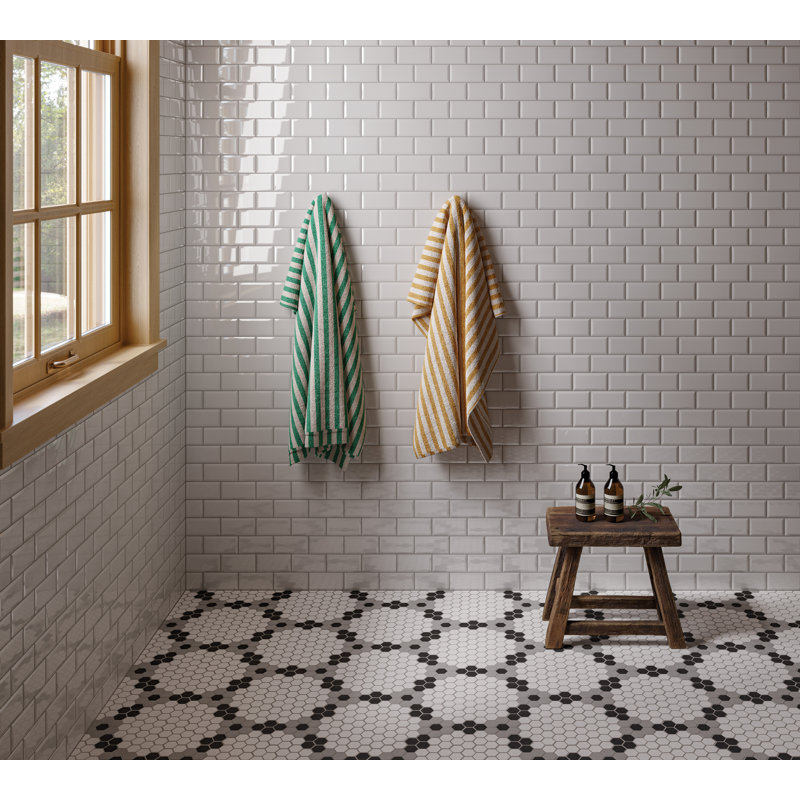 Le Cafe 2" x 4" Bevel Mesh Mount Glossy Porcelain Mosaic Tile, White