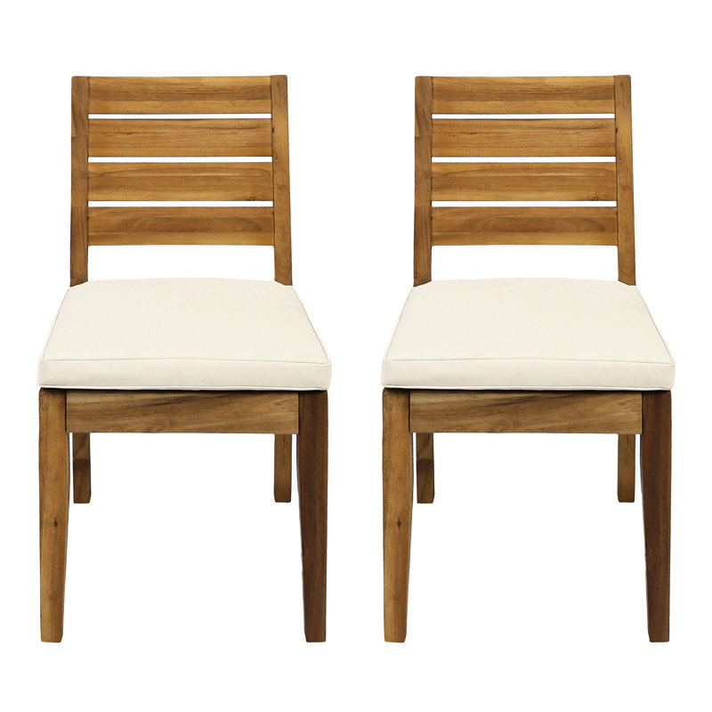 2Pcs Outdoor Dining Chair With Cushions, Natural Beige , Wood Material, Slat Back And Seat, Weather , 19"W X 23"D 35"H 2 Colorway, Wood, Seat Design, 19" W 23" D 35" H
