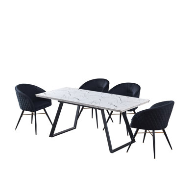 Goddard 4 Person Dining set - a Rectangular Extendable Dining Table with Metal Legs and a Set of 4 Quilted Velvet Dining Chairs for Dining Room - Modern Dining Table Set