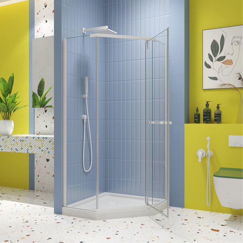Pivot Shower Door, With 1/4" Tempered Glass , 34.75 In. X 72 In. Frameless Neo-Angle Pivot Shower Enclosure In Matte White.