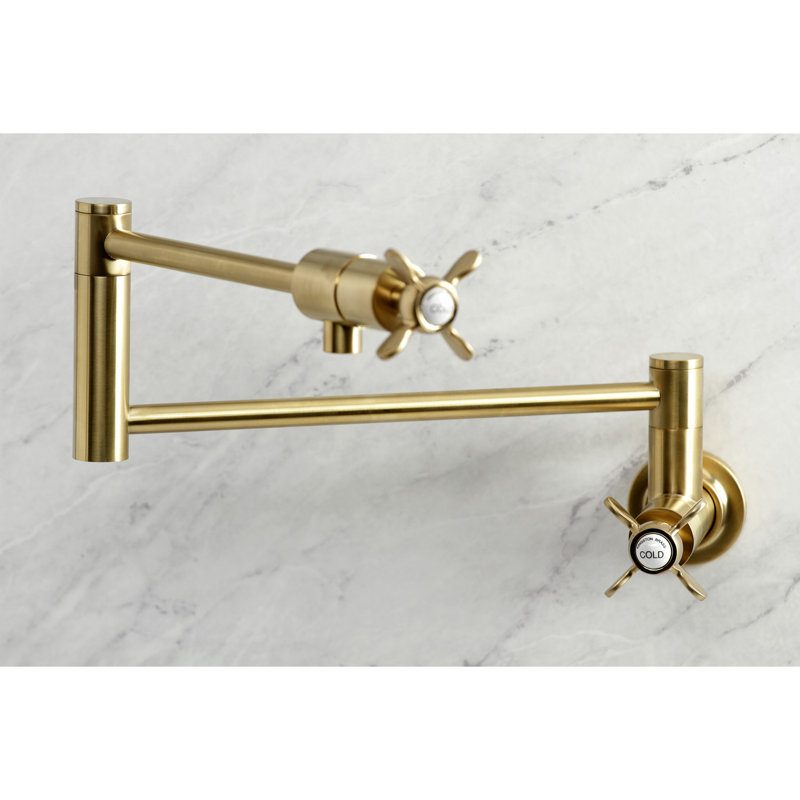 Kingston Brass Manhattan Two-Handle 1-Hole Wall Mount Pot Filler Faucet, Brushed Brass, Knob/Flat Cross Handle