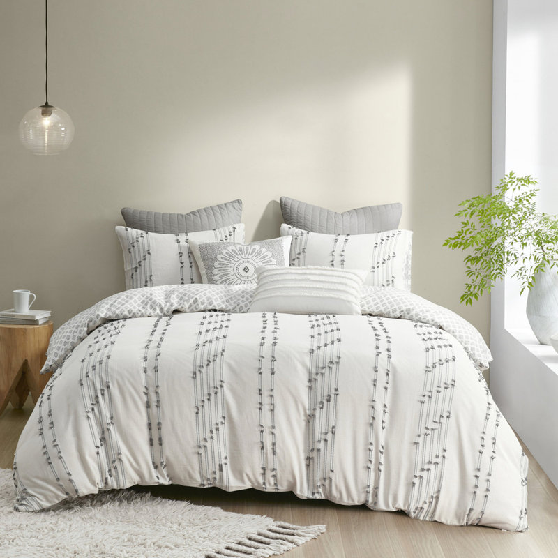 Housse de couette 100% coton pour lit double / grand lit avec rayures grises, revers, 2 taies décoratives, lavable et fermeture à boutons, 4 attaches intérieures, réversible, lavage en machine,,, -,