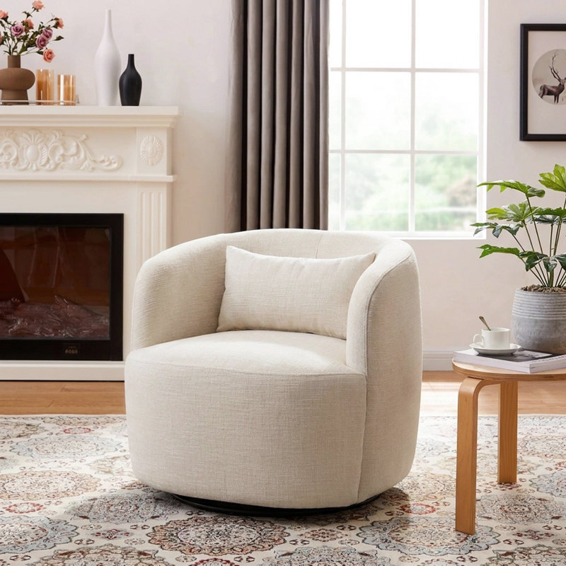 Fauteuil demi-tonneau pivotant tissé en lin texturé Jaydin, Lin ivoire