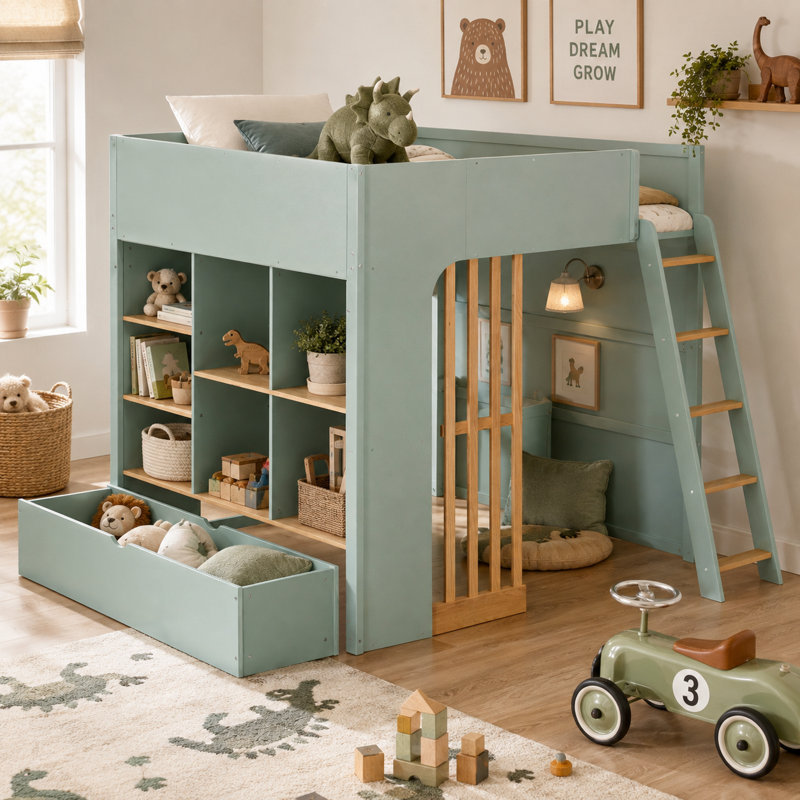 Lit mezzanine avec tablettes de rangement Leonide, Lit double, Vert menthe