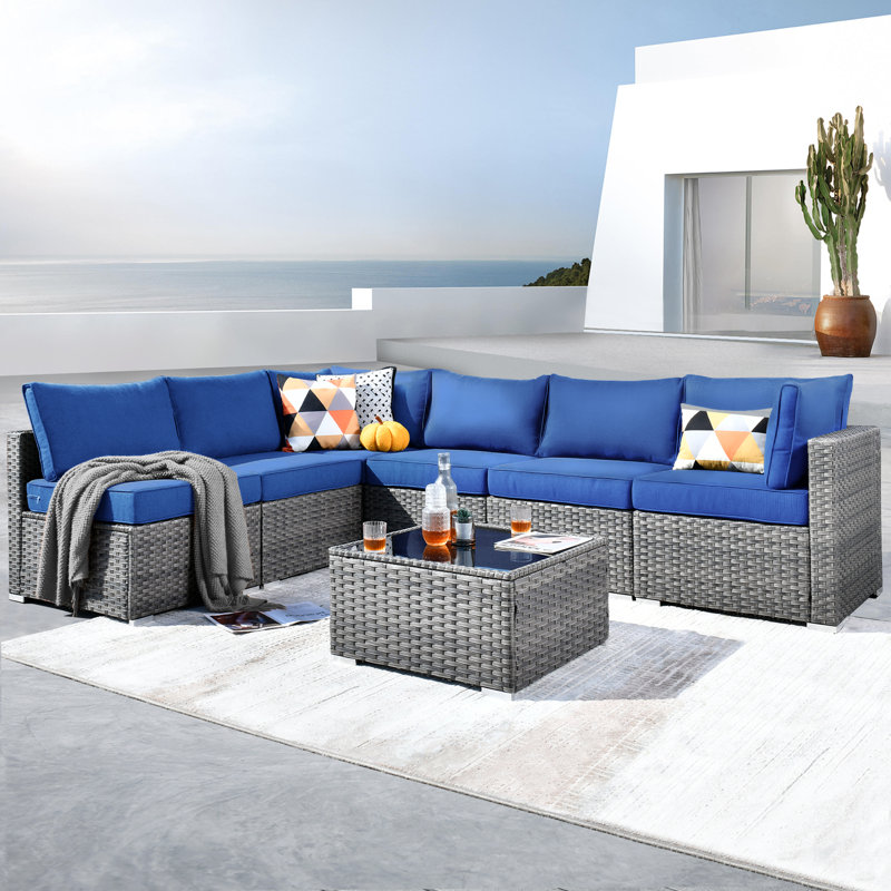 Ensemble de conversation modulaire en rotin 7 pièces avec coussins Lava, Bleu marine