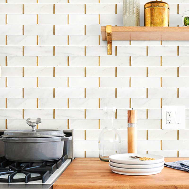 Natural Bianco 2" x 6" Marble Brick Joint Mosaic Wall Tile, Gold/White