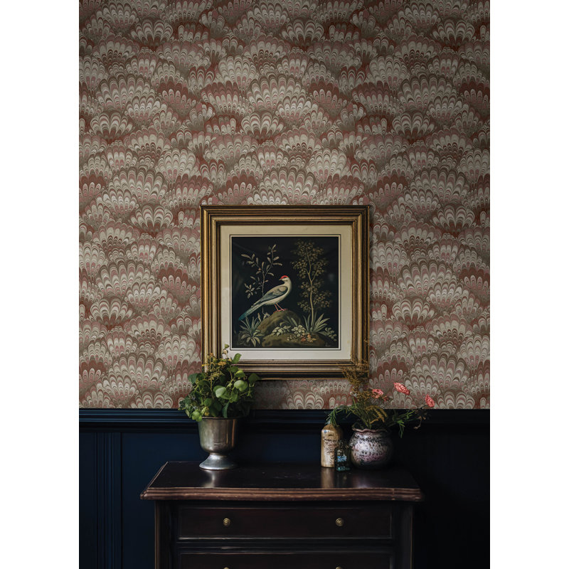 Octavia Dark Green Marbled Ink Wallpaper, Red