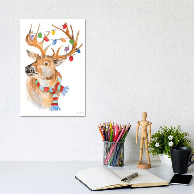 Deer With Lights And Scarf by Lanie Loreth - Wrapped Canvas Gallery-Wrapped Canvas, 20.32 cm H x 30.48 cm W
