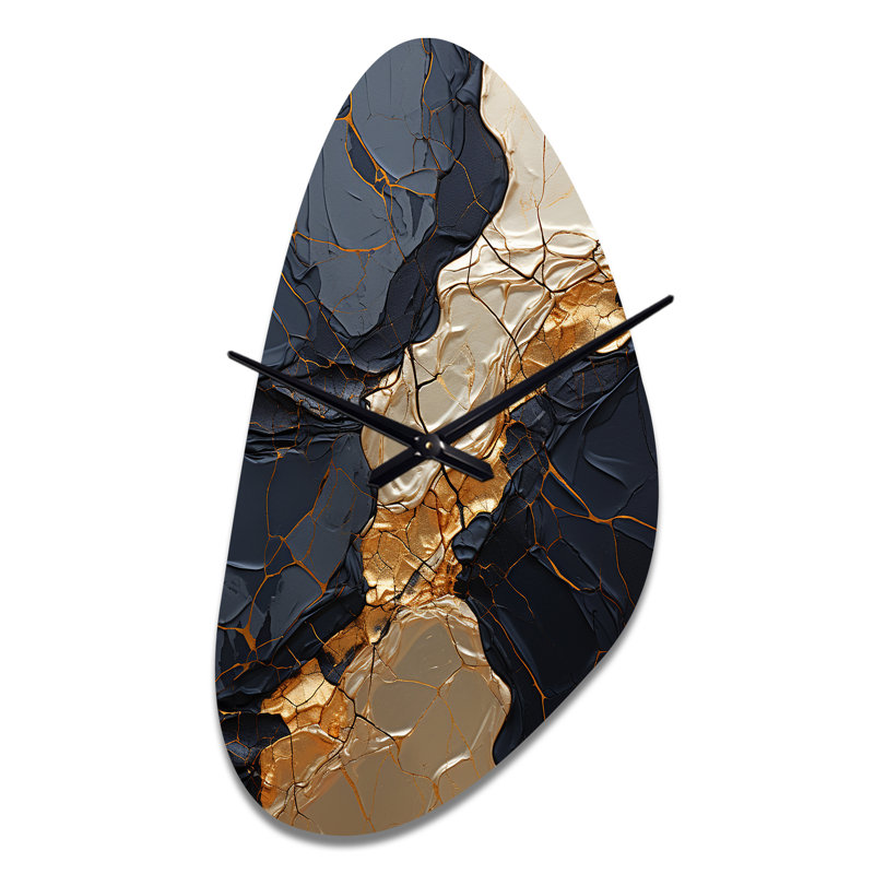 Minimalisme chrome doré et poteries noires II - horloge asymétrique spirales en métal, impression d'horloge murale de forme unique