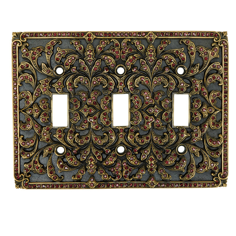 TRIPLE TOGGLE SWITCH COVER; BURGUNDY DECORATED WITH SWAROVSKI CRYSTALS; IN MUSEUM GOLD