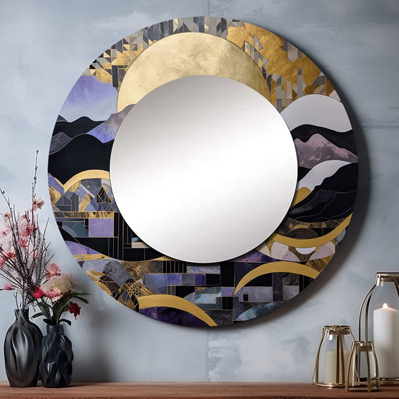 Shornick Golden Rising Moon I - miroir mural paysage unique, miroir rond traditionnel, impression d'art en métal