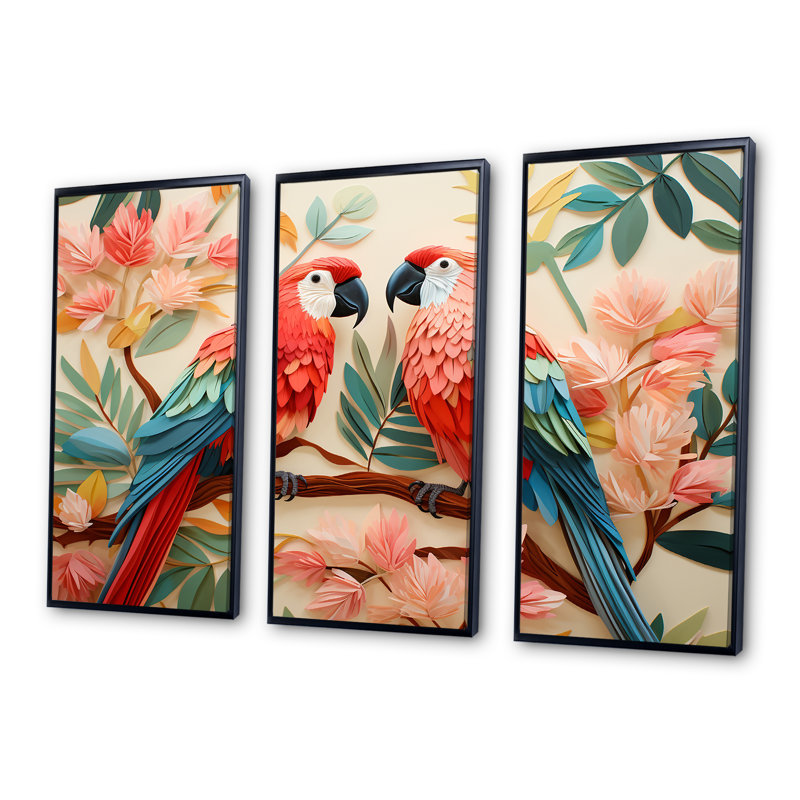 Fleurs tropicales roses et bleues - art mural perroquet II, Cadre flottant noir, H 32 po x l 48 po