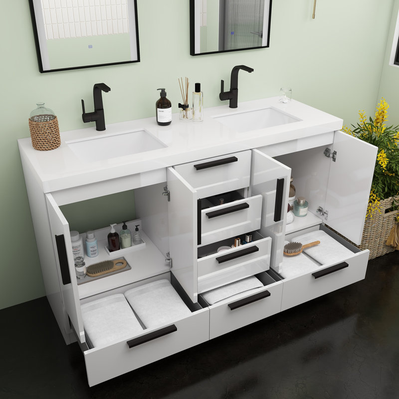 Ensemble de meuble-lavabo autoportant avec lavabo double 59,4 po Carla, Blanc brillant