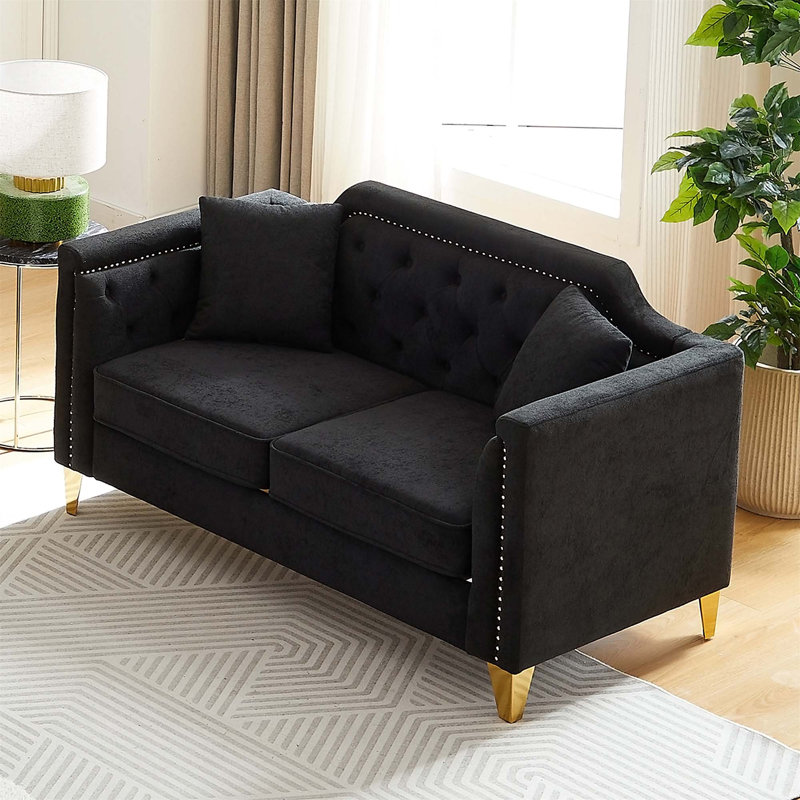 " mid-century modern chenille sofa | tufted buttons & copper nail armrest | 2 pillows | metal legs | stylish living room couch