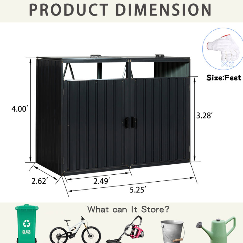 Remise à poubelle en acier galvanisé pour poubelle - poubelles en cuir, 62,61 po de profondeur, grattoir, jardin de jardin ventilé en fer 2 47,32 po de hauteur, rouille, facile à nettoyer