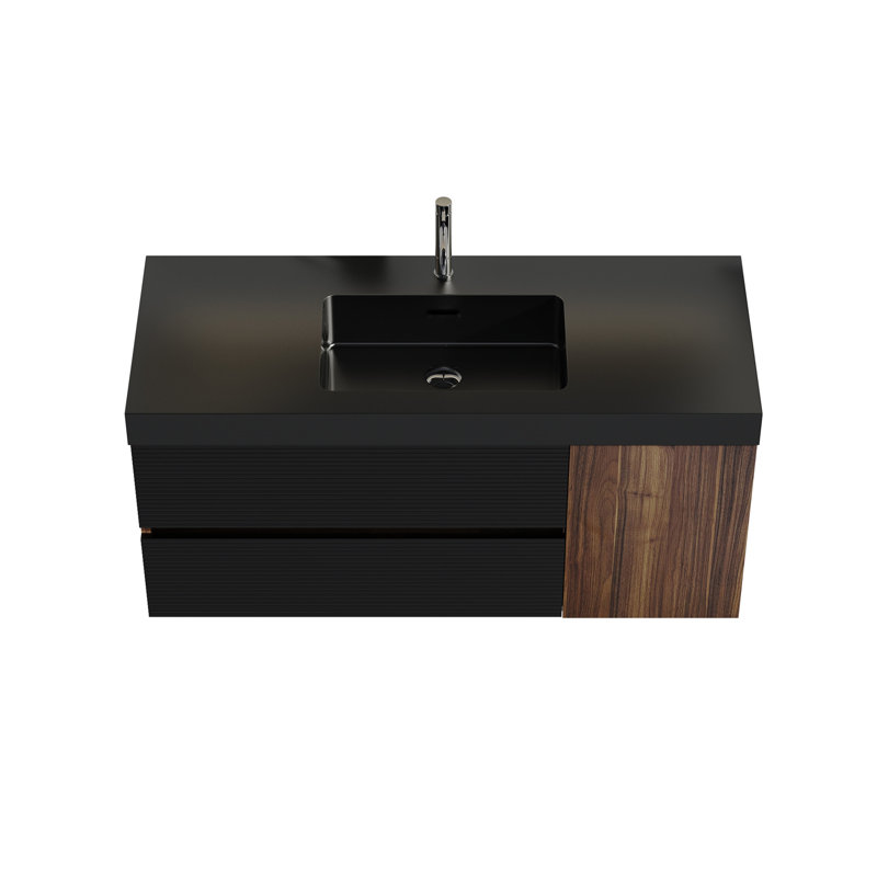 Meuble-lavabo Grace de 48 po en noyer avec lavabo en quartz noir mat et tiroirs noirs et porte, meuble-lavabo mural flottant pour salle de bain moderne, lavabo noir mat, pré-assemblé