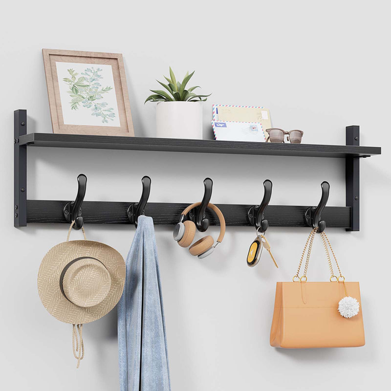 Portemanteau mural 29 "avec tablette, crochets muraux pour entrée et tablette, Noir