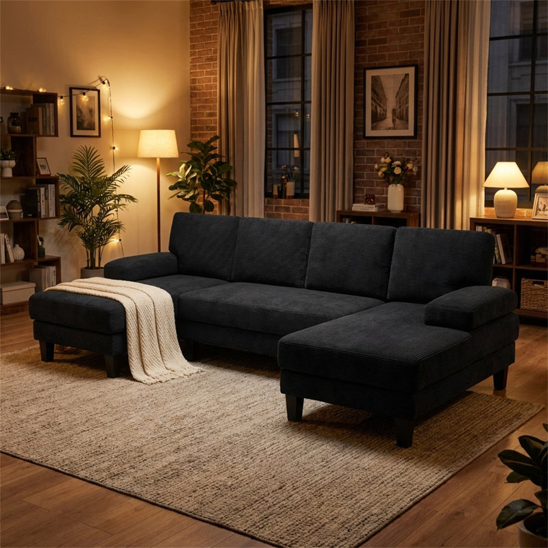 Modular U-Shaped Sectional Sofa, 4-Seat Convertible Couch, Modern Corduroy Upholstered Sofa Furniture, Black