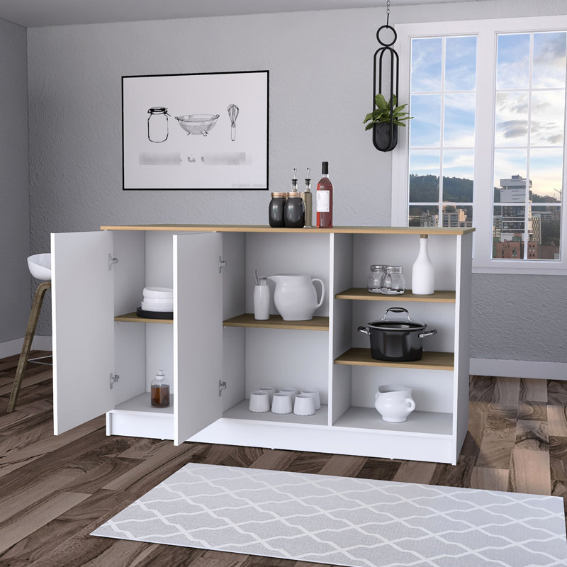 2-Door Kitchen Island With Ample Storage In Modern White And Ash 35.6-Inch Tall 59-Inch Wide Surface For Use