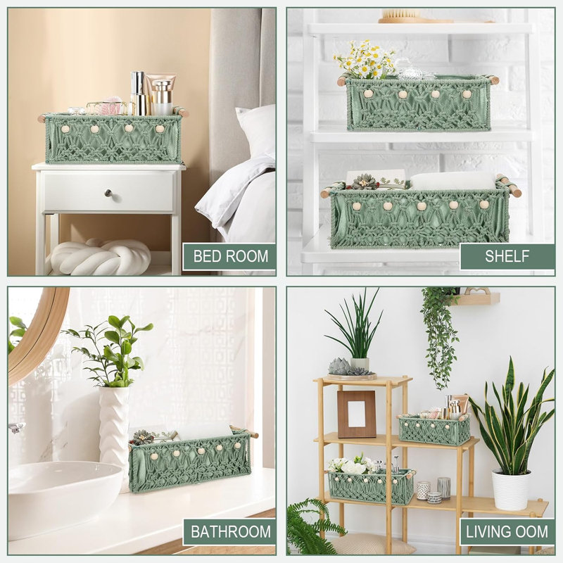 4 paniers de rangement en macramé vert avec poignée en bois 4 pièces