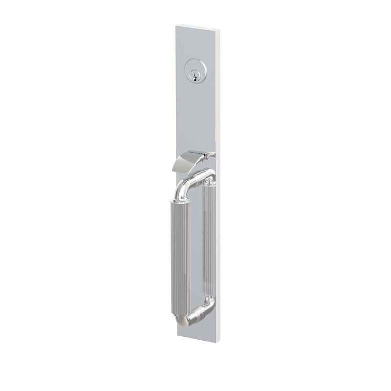 Robinet à mortaiser pleine longueur Emtek SELECT Faux robinet à mortaiser pleine longueur, tige extérieure en forme de R avec poignée moletée droite, bouton intérieur rond, chrome poli