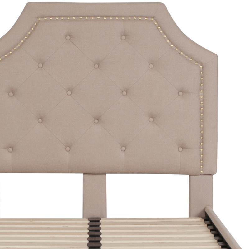 Base de lit plateforme tapissier arquée avec capitonnage Aluino - Aucun sommier tapissier requis, Beige, Simple