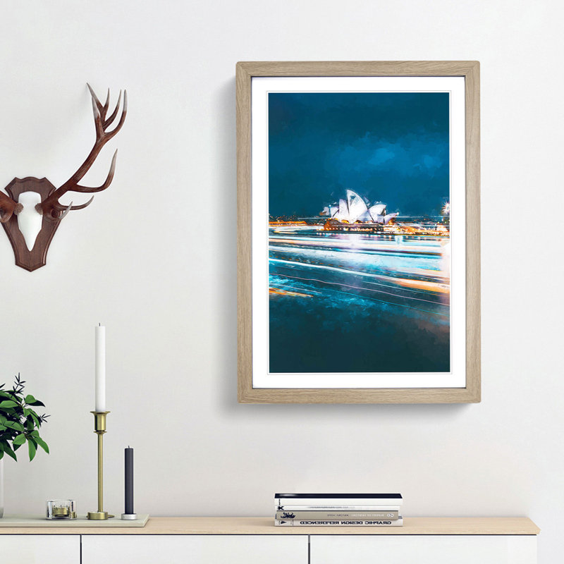 Sydney Opera House Lights in Abstract - Picture Frame Graphic Art Print on MDF, Oak Framed, 65cm H x 48cm W x 2cm D