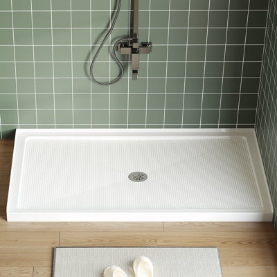 60x32 Inch Center Drain Shower Pan - Single Threshold Base, Non-Slip Textured Surface, Lightweight ABS Shower Base, Easy Install (Includes Drain Kit, White)