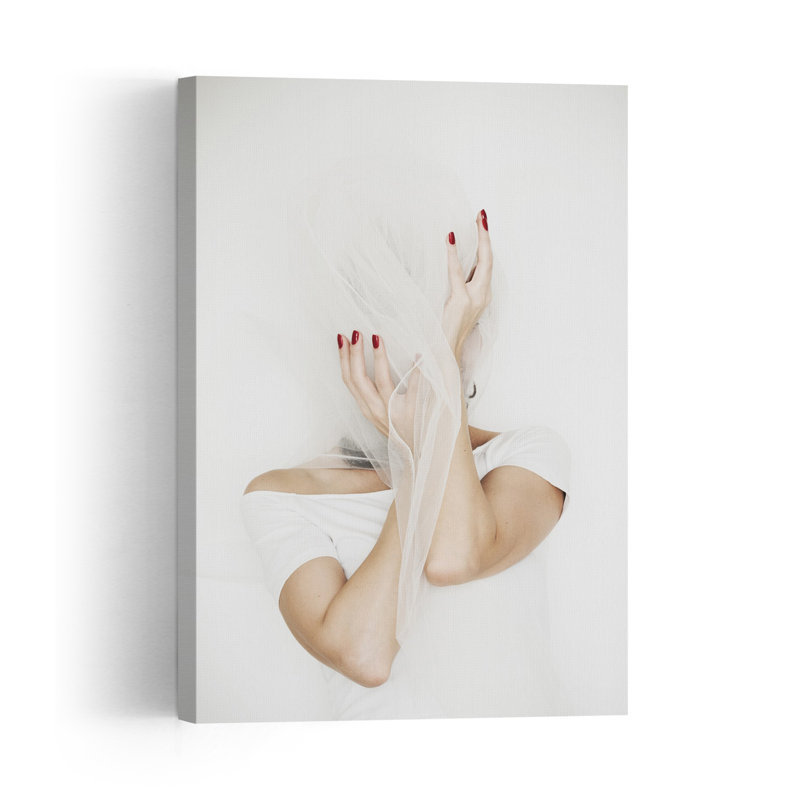 Veiled Hands Red Nails Delicate Elegant Minimalist Portrait Wall Art Print by Ramona Copil - Print, 152.4cm H x 101.6cm W