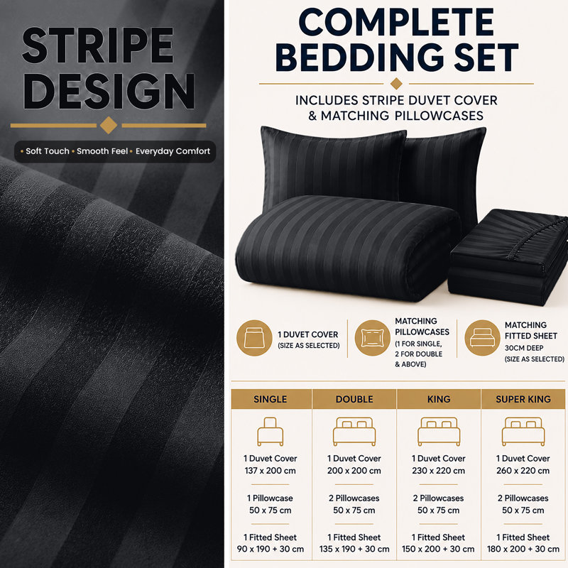 Striped Microfiber Complete Bedding Set | Duvet Cover, Deep Fitted Sheet & Matching Pillowcases, Black Striped
