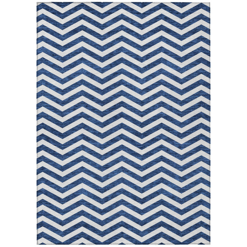 3' X 5' Navy Blue And Ivory Chevron Washable Indoor Outdoor Area Rug