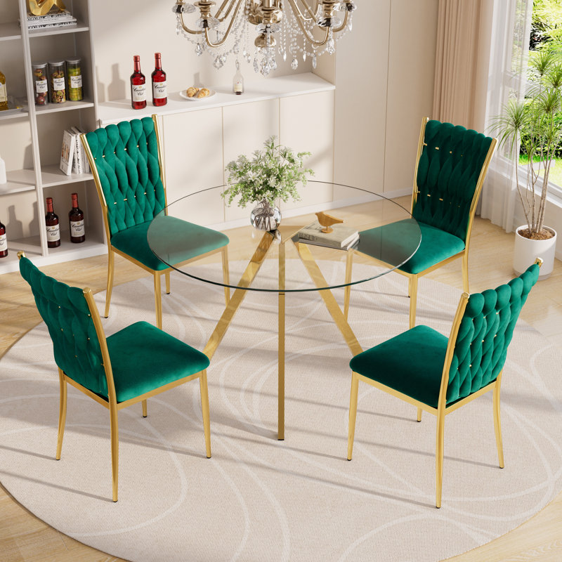 Ensemble de table de salle à manger en verre avec chaises rembourrées en velours, Vert/doré, Doré, 5