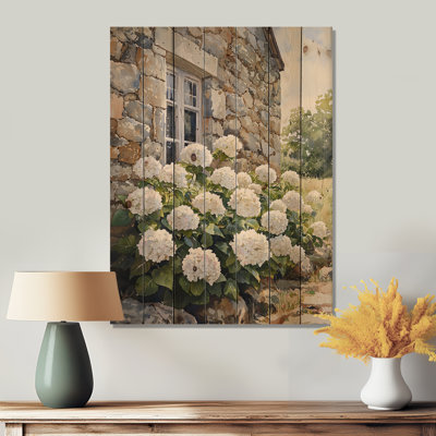 Hydrangeas In The Farmyard Garden - Hydrangea Wood Wall Decor - On Natural Pine Wood