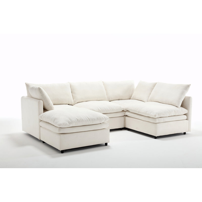 Sleeper Sofa Couch with Chaise Lounge for Living Room, Beige Polyester