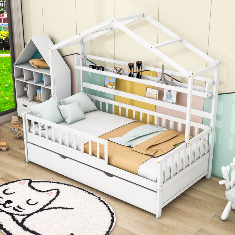 Lit avec lit gigogne et tablette Verdia, Simple, Blanc