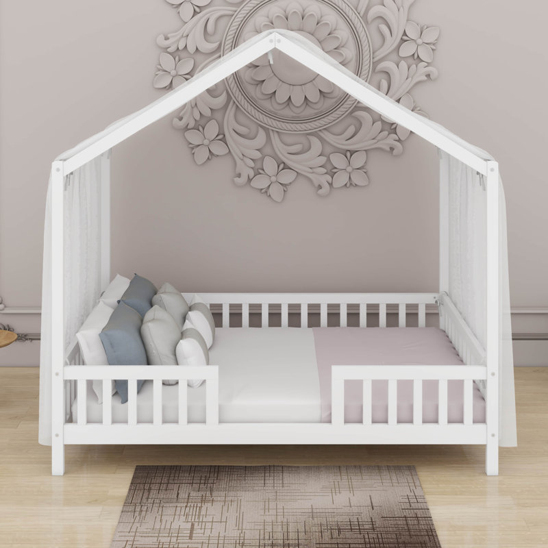 Cadre de lit double pour enfants, cadre de lit pour tout-petits en forme de maison avec balustrades hautes, Blanc