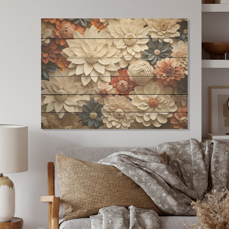 Minimalism Beige Zinnias Collage - Zinnias Wood Panel Wall Art On Natural Pine Wood, 10" H x 20" W