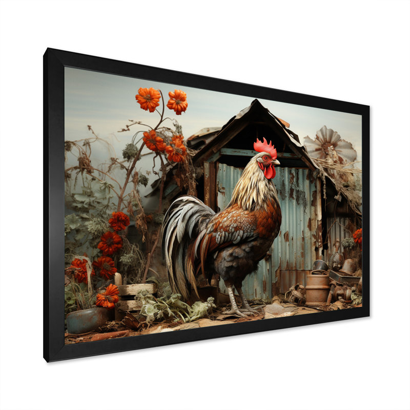 Binzel Roaster Barnyard Serenade I - Barn Framed Art, 30" H x 40" W x 1.5" D, Black Single Picture Framed