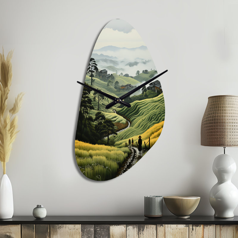 Horloge murale de campagne campagne brumeux vert Hillside, Grand