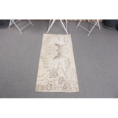 Vintage Turkish Door Mat in Beige with Ornate Floral Design for Bohemian Home Decor