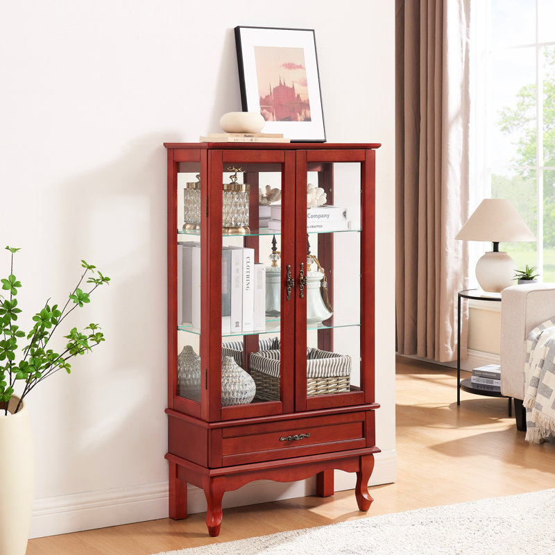 Graceful Curio Cabinet With 2 Doors And 1 Drawer - Cherry, Adjustable Shelves, Bulb Included, Protection Mechanism Fascinating Lighted Display Cherry Finish, Stability Guarantee