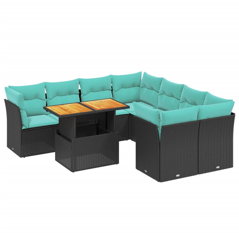 Ensemble de canapé de patio 9 pièces avec coussins en rotin de polyester, Bleu clair, Noir