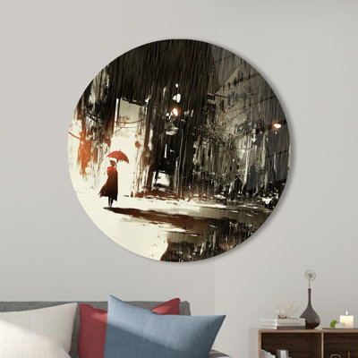 Art mural moderne en verre trempé mettant en vedette une femme seule avec un parasol dans une scène de paysage urbain pour une pièce de décoration intérieure élégante et contemporaine
