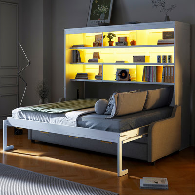 Lit escamotable pleine grandeur avec canapé pliant, tablettes de rangement intégrées et lumière DEL, beige